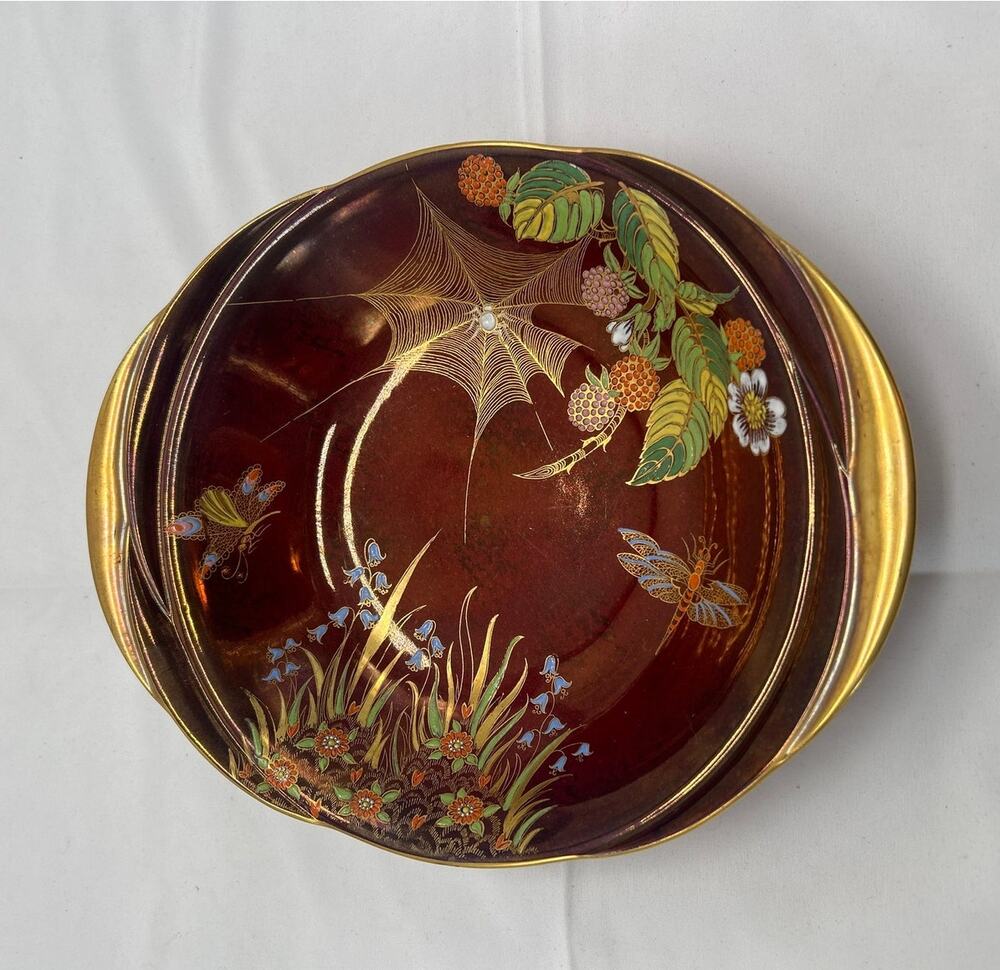 Carlton Ware Rouge Royale Spider Web Dragonfly Bowl 4243 Art Deco 10" EUC Vtg